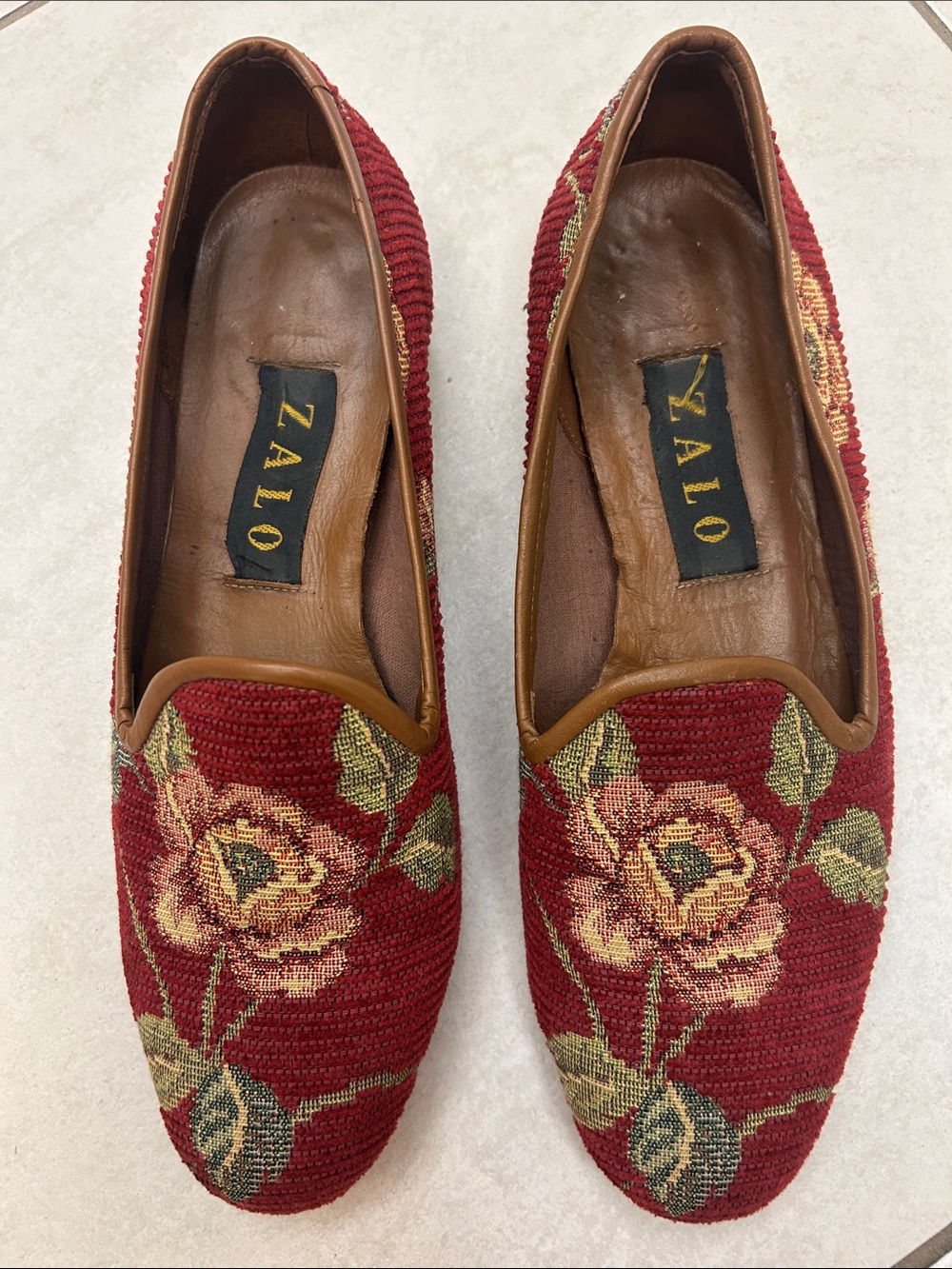 Zalo Vintage 90’s Floral Tapestry Needlepoint Slip-On Loafers with Brown Trim